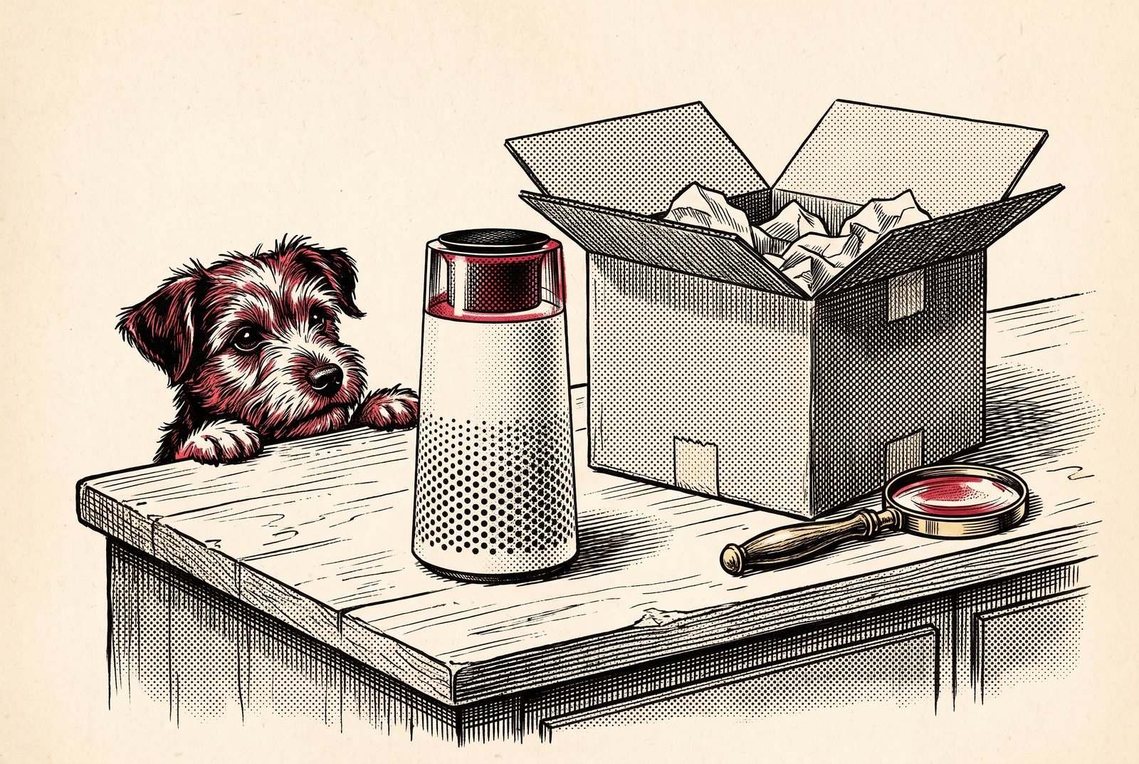 Newsprint engraving of the purifier on a counter beside an opened box, a terrier peeking over the edge and a magnifying glass.