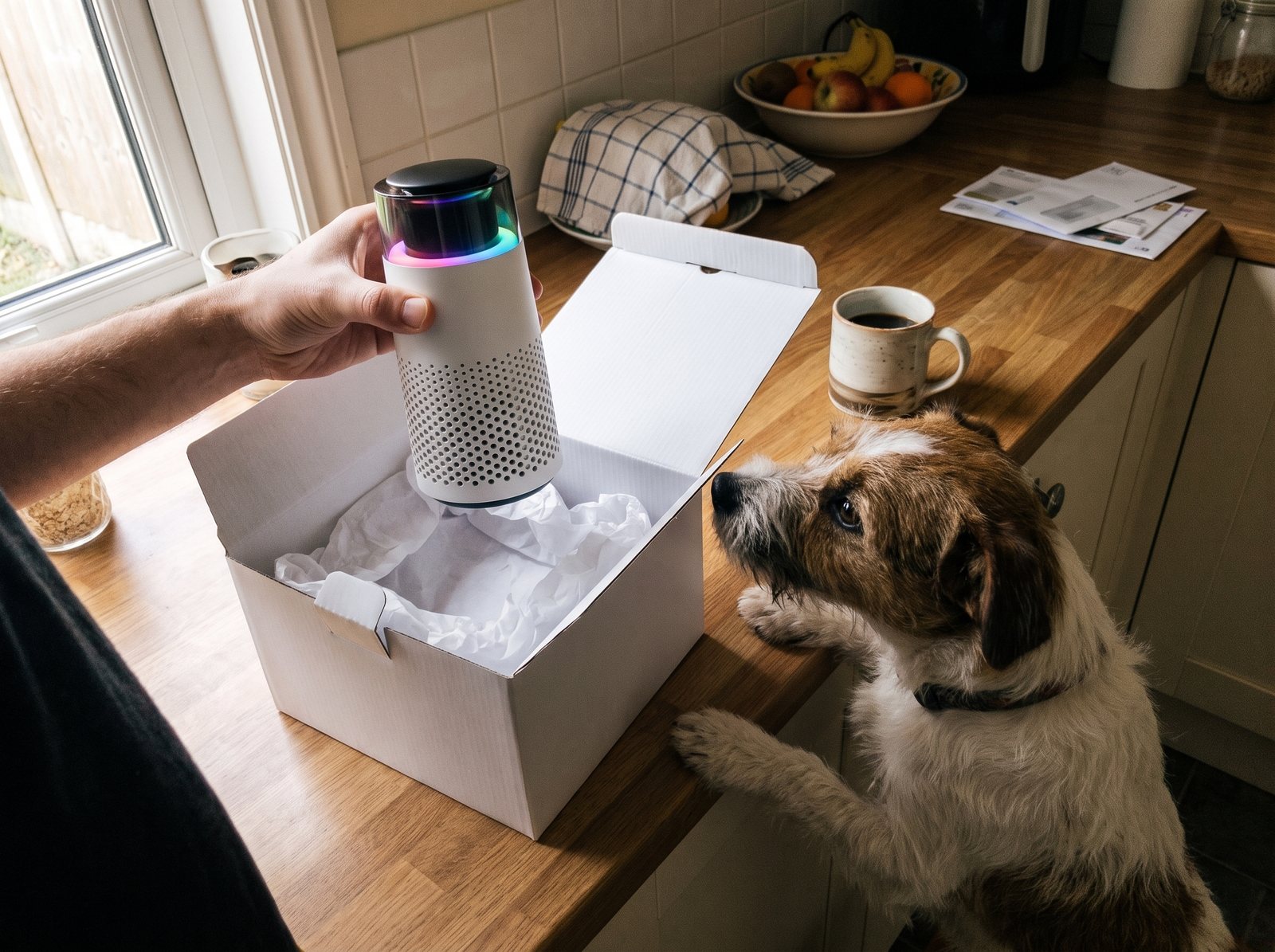 Hands lifting the Puppy Kind purifier out of its white box on a kitchen counter while a scruffy terrier stands up to sniff it.