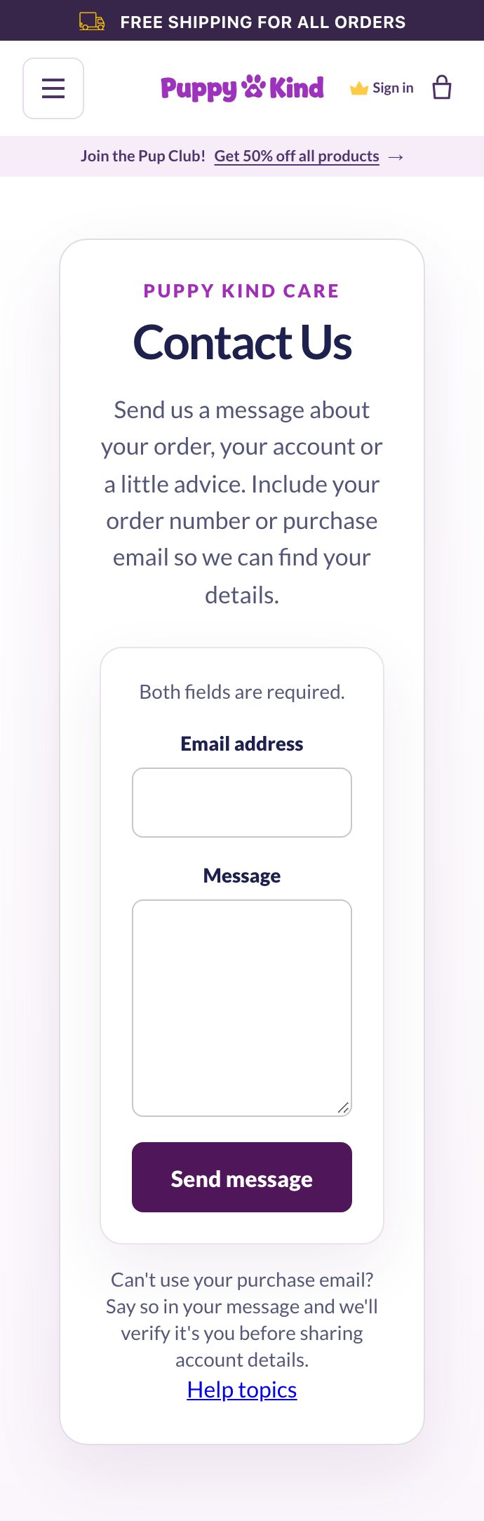 Screenshot of Puppy Kind's Contact Us page on a phone, with email and message fields, a Send message button, and a note about verifying identity before sharing account details.