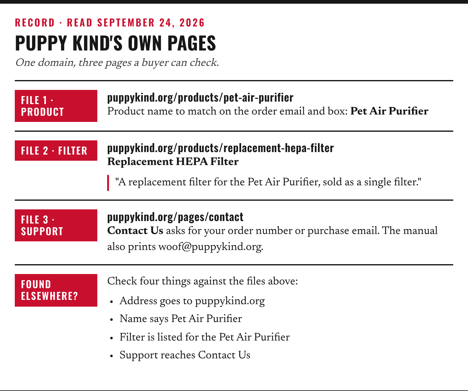 Record sheet listing Puppy Kind's product page, Replacement HEPA Filter listing and Contact Us page with their addresses, plus four quick checks for a listing found elsewhere.