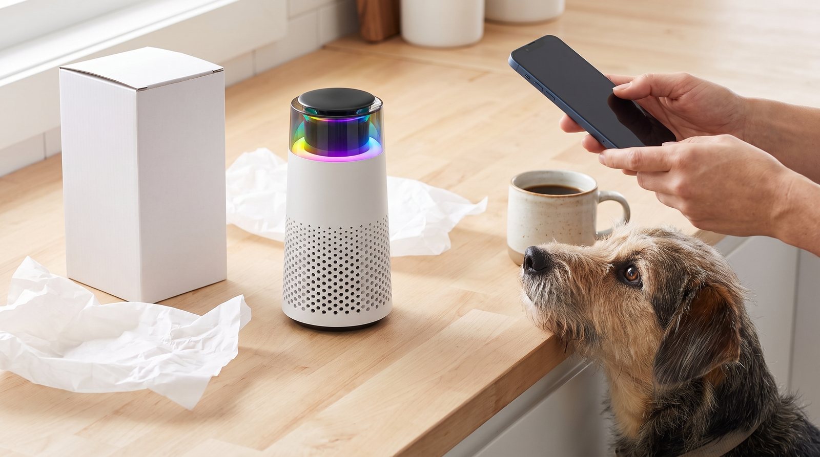 A freshly unboxed Puppy Kind purifier on a kitchen counter beside its white box and tissue paper, with a person holding a phone and a scruffy dog resting its chin on the counter.
