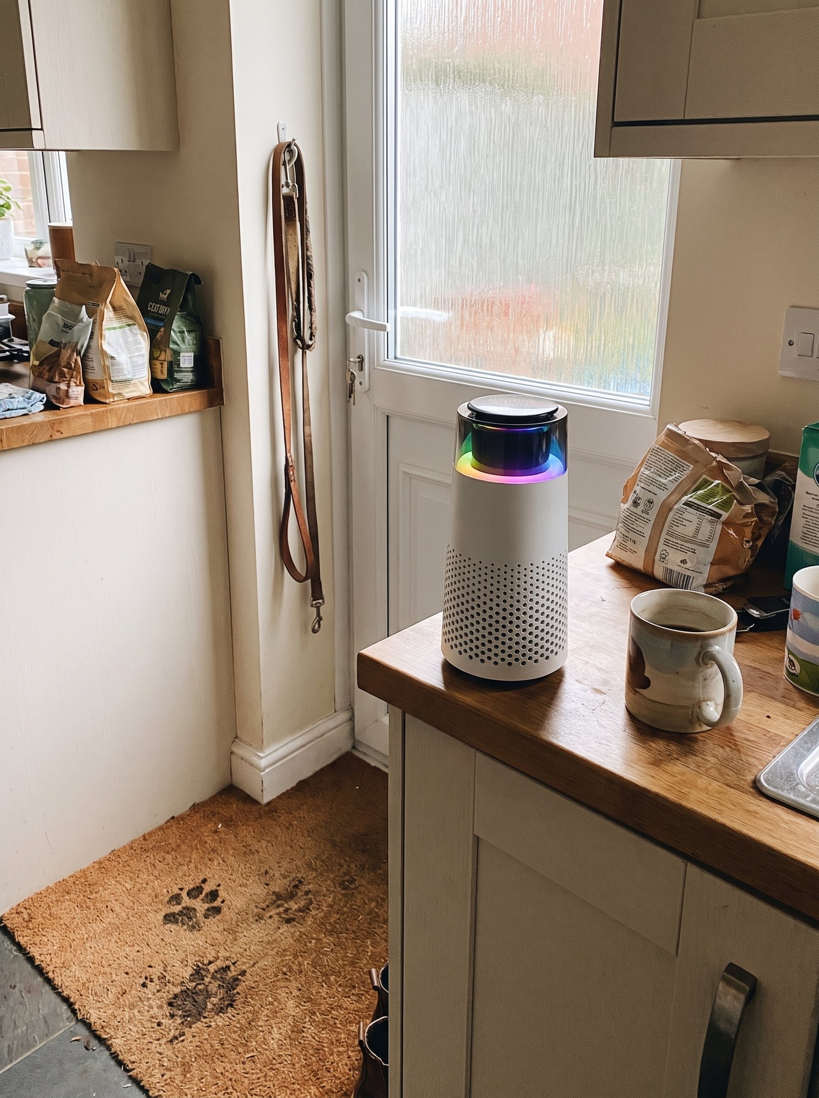 The Puppy Kind purifier on a kitchen counter beside the back door, with a leash on a hook and muddy paw prints on the doormat.