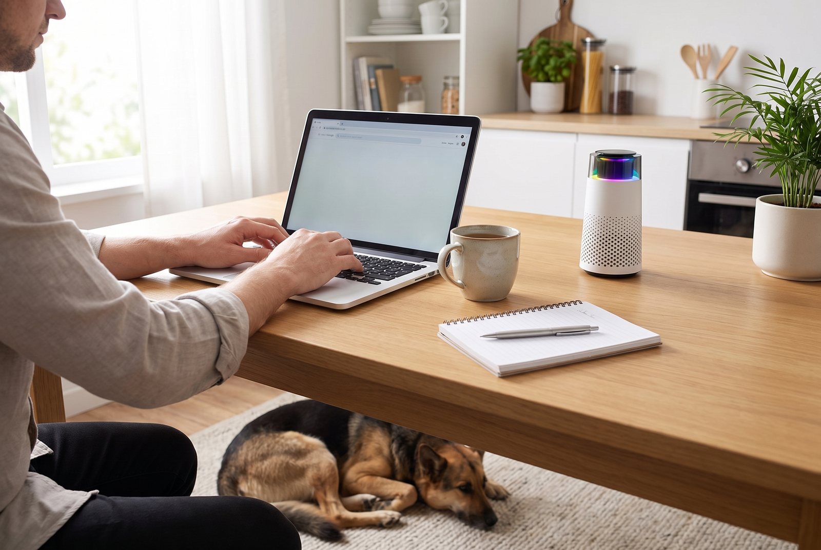 A person typing on a laptop at a kitchen table with tea and a notebook, the Puppy Kind purifier on the far side of the table and a shepherd mix lying at their feet.
