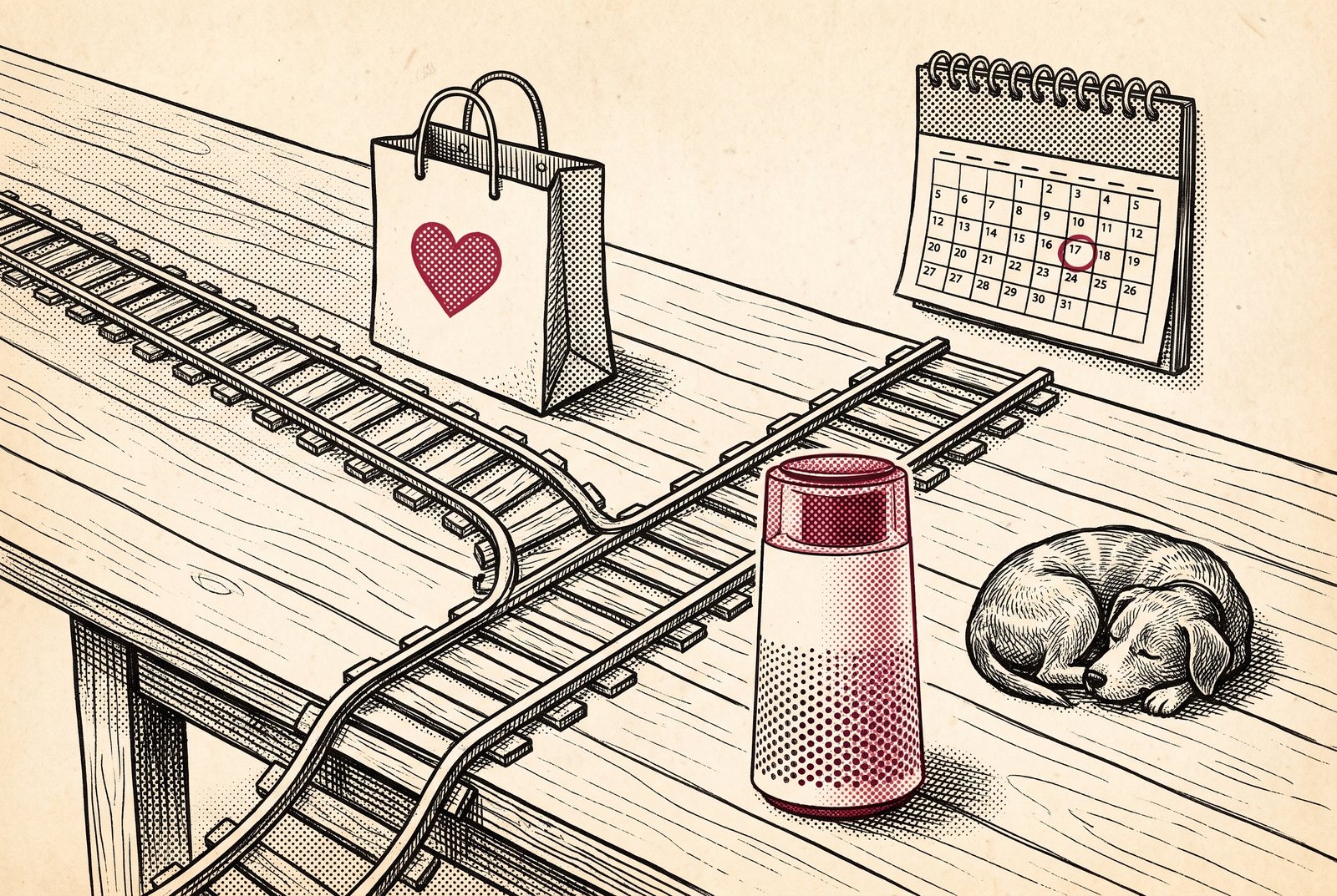 Newsprint engraving of two rail tracks on a table leading to a shopping bag and a calendar, with the purifier and a sleeping dog.