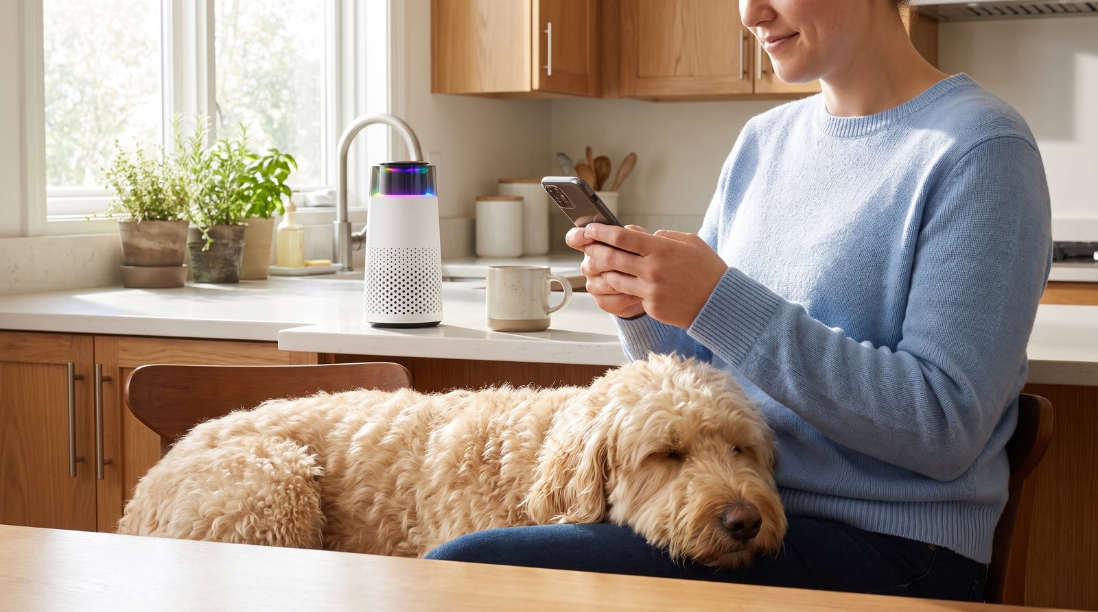 A relaxed person checking a smartphone at a kitchen table while a golden doodle rests its head on their lap, the Puppy Kind purifier glowing on the counter behind them.