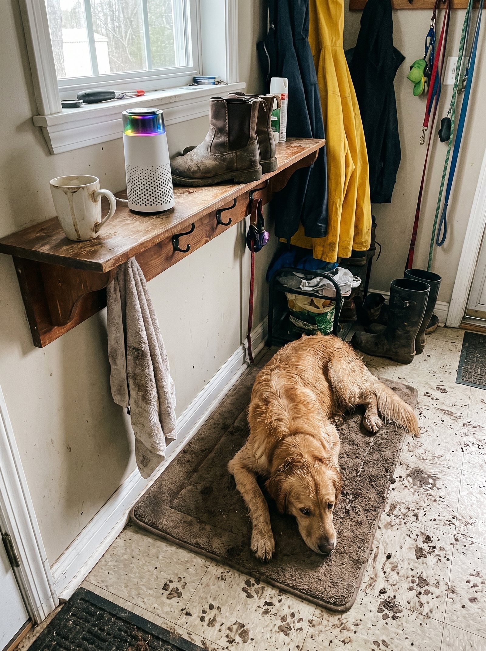 A mudroom shelf with the Puppy Kind purifier, boots and a towel, while a damp golden retriever rests on a mat below.