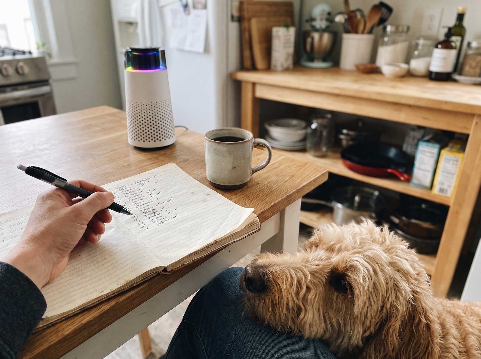 A hand writing checkmarks in a notebook at a kitchen table while a golden doodle rests its head on the writer's knee, the Puppy Kind purifier on the table.