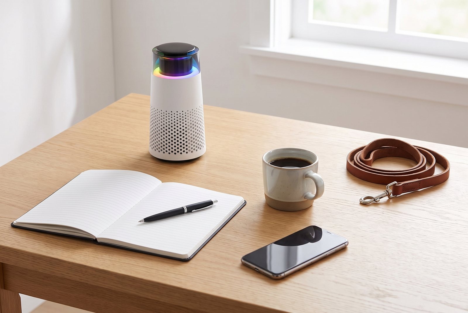 A tidy oak table with a face-down phone, an open notebook and pen, a cup of coffee, a leather dog leash and the Puppy Kind purifier standing at the back.