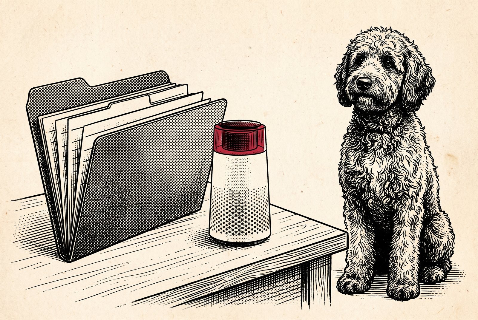 Newsprint engraving of an open file folder with index cards beside the small purifier, a doodle sitting next to the desk.