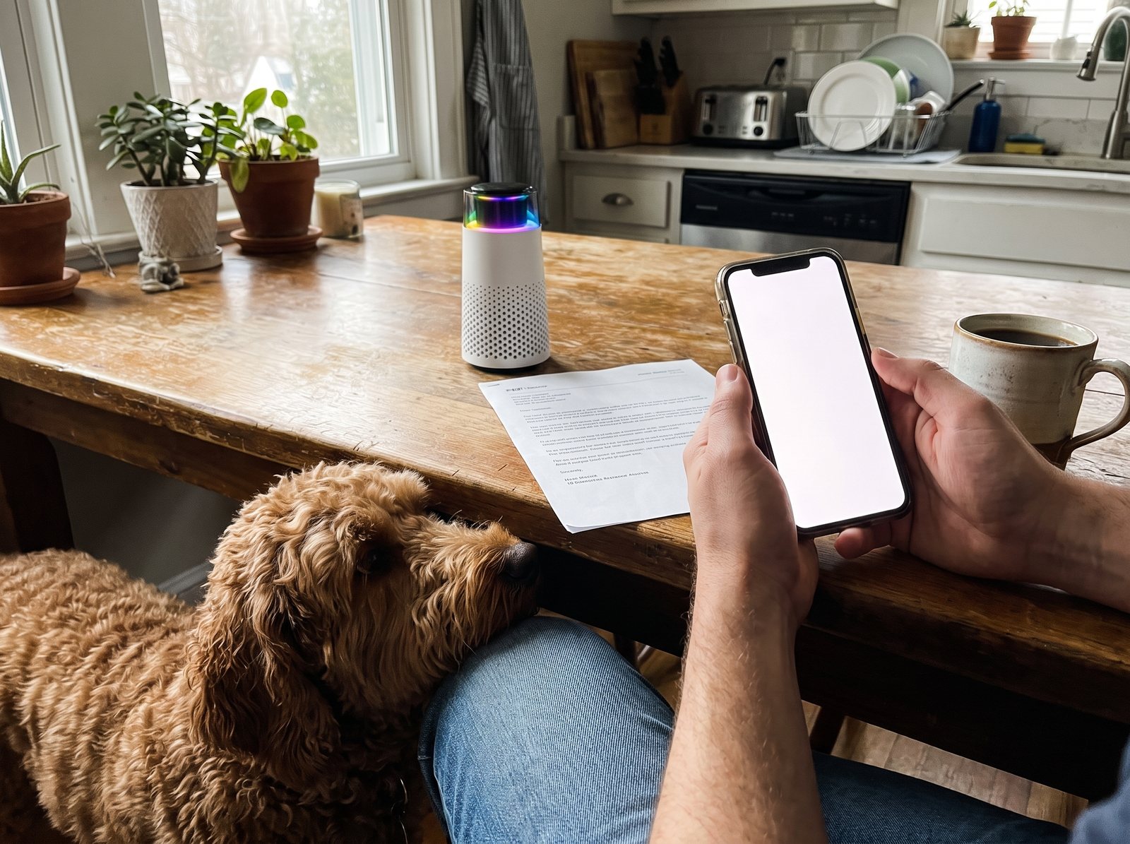 Hands holding a phone beside a printed order email and the Puppy Kind purifier on a kitchen table, a golden doodle leaning in.