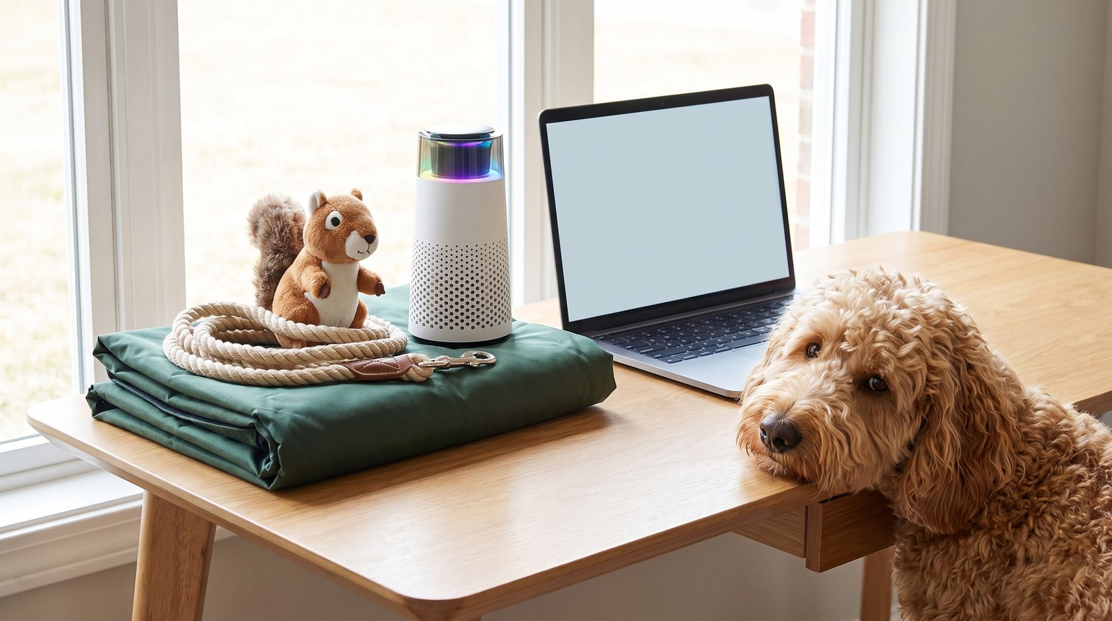 A desk with a folded dog blanket, a rope leash, a plush toy and the small Puppy Kind purifier, a golden doodle resting its head on the desk edge.