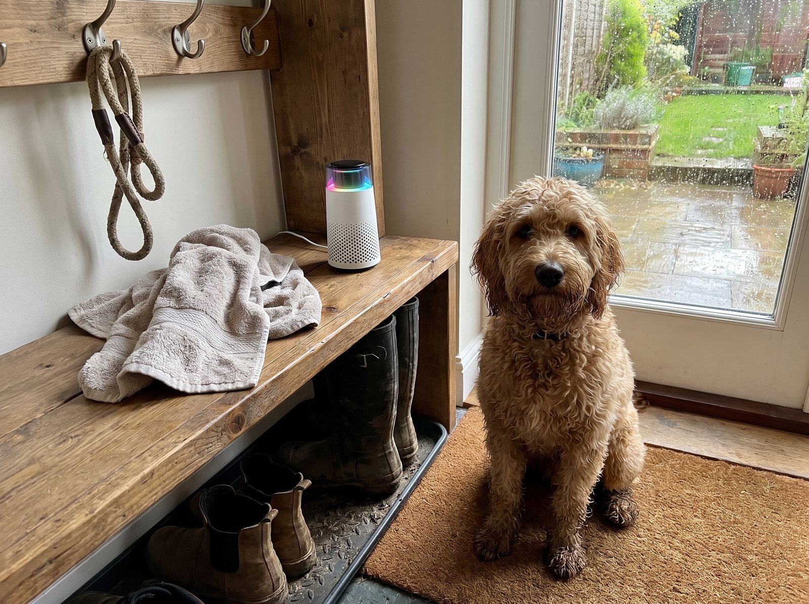 The Puppy Kind purifier on a mudroom shelf beside a towel and a rope leash, a damp golden doodle sitting on the mat below.