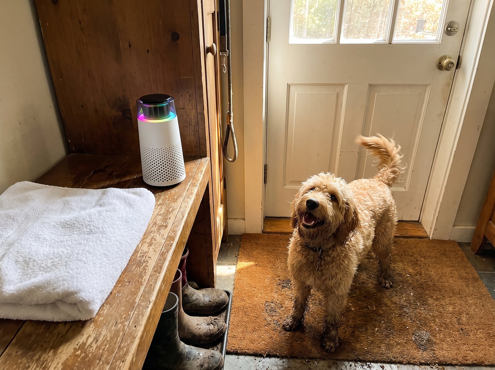The Puppy Kind purifier on a mudroom shelf beside a folded towel, a happy damp doodle wagging on the mat.