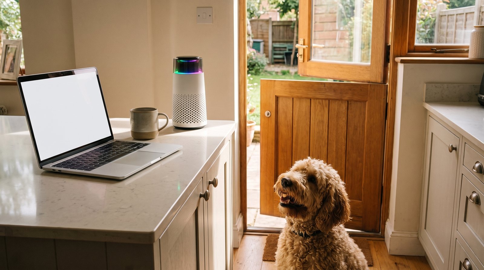 The Puppy Kind purifier running on a sunny kitchen counter beside a laptop and mug, a happy golden doodle looking up.