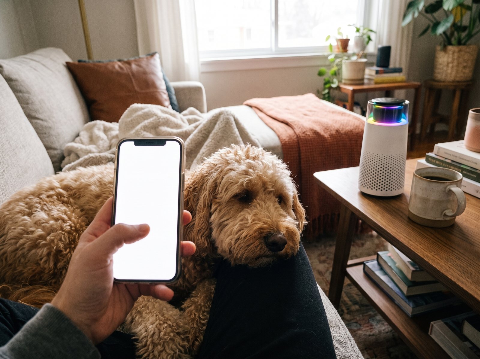 Hand scrolling a phone on the couch with a golden doodle resting on a lap, the Puppy Kind purifier glowing on the side table.